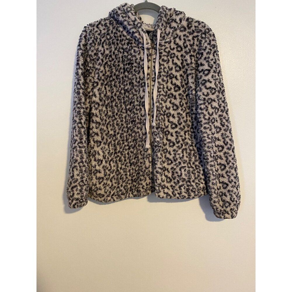 Bobeau Womens S Hooded Jacket Fuzxy Faux Fur Leopard Print Full Zip Warm Cozy